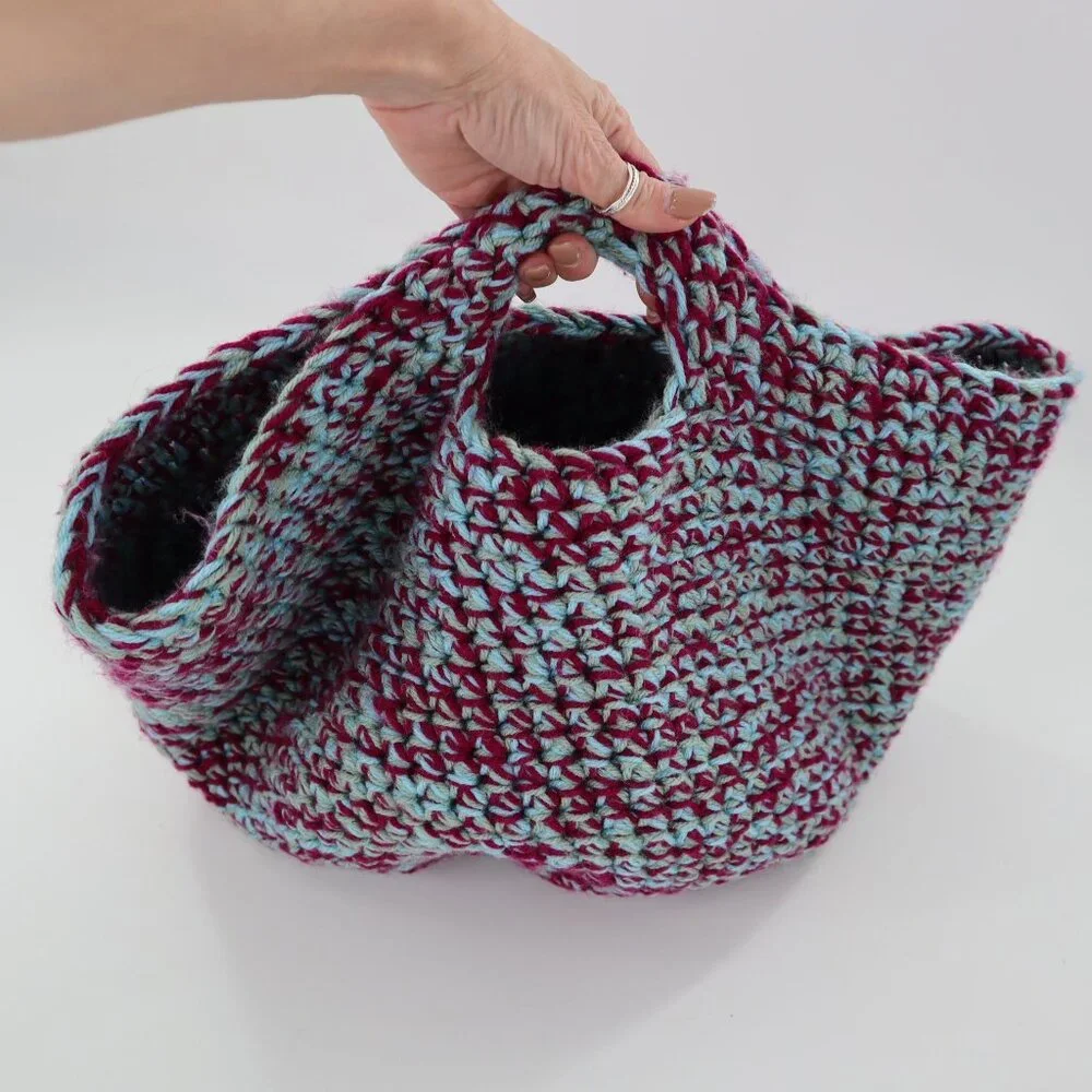 Handmade Knit Basket Bag With Handles‎ Burgundy Teal Yarn Boho Granny Cottage